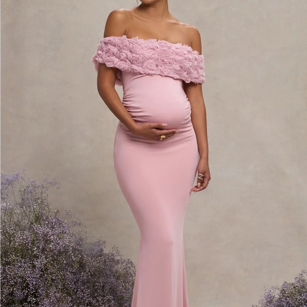 Club L London One-Shoulder Pink Maternity Gown with Rosette Trim
